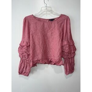 American Eagle Outfitters Red Gingham Ruffled Long Sleeve Blouse, Medium